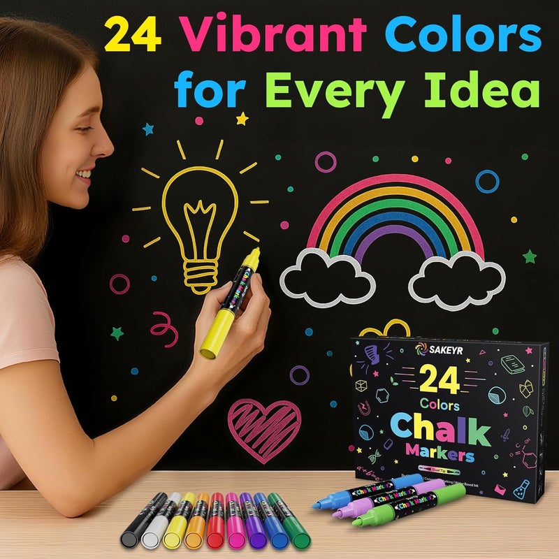 SAKEYR 24 Vibrant Colors Dual Tip Liquid Chalk Markers – Erasable Chalk Pens for Blackboard, Chalkboard Signs, Glass, Windows, Bar Menu, Wet Erase Neon Makers for Just Married Car Windows Decorations - Image 2